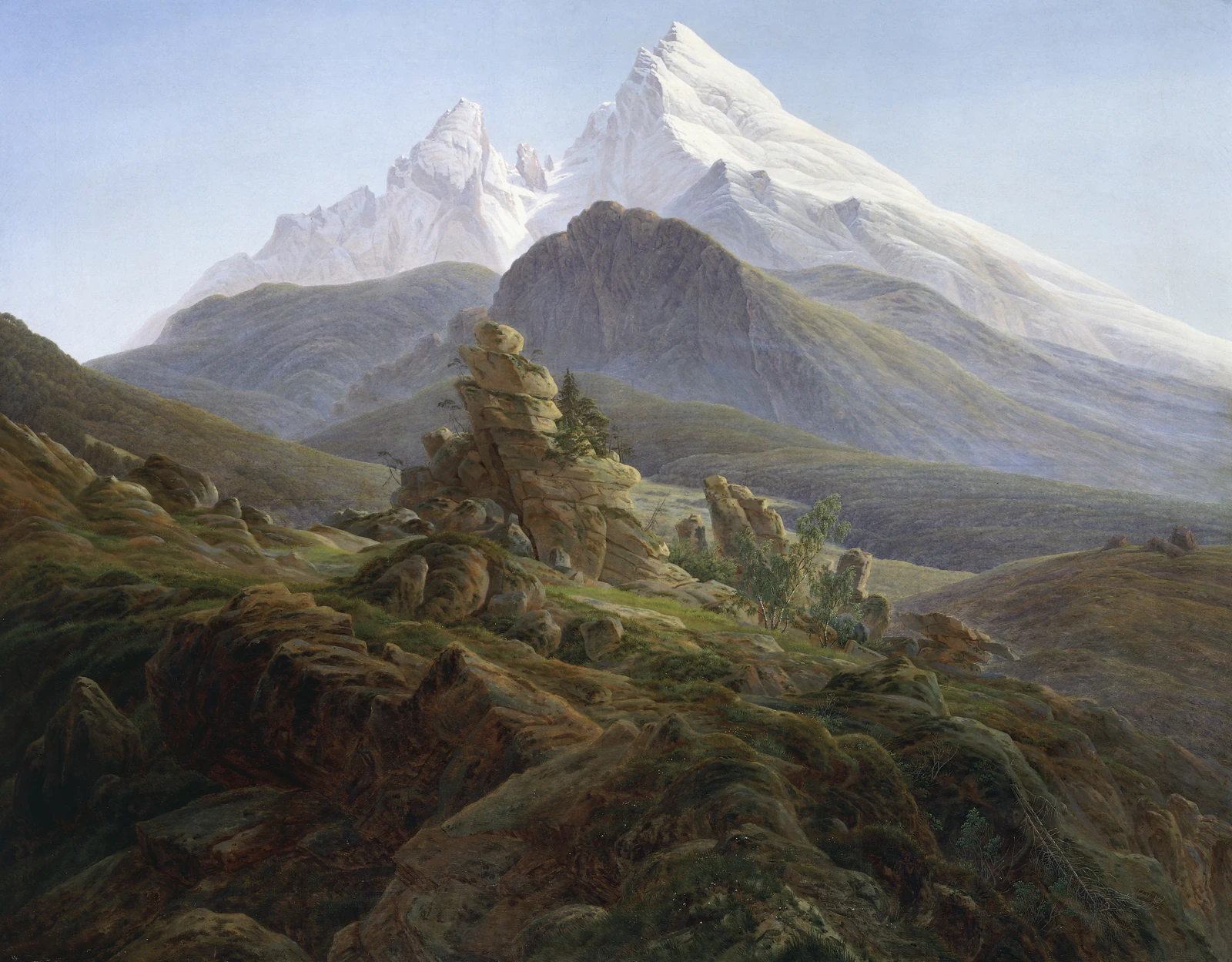 The Watzmann: sunlit Alpine peaks rising above rocky slopes, painted by Caspar David Friedrich